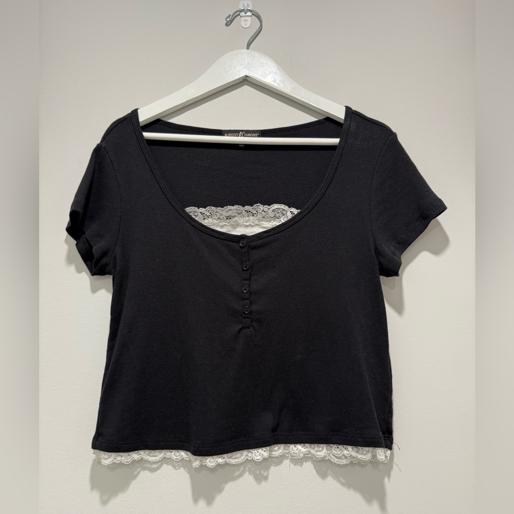 NEW Almost Famous Black Crop Top with White Lace Trim Size XL NWOT